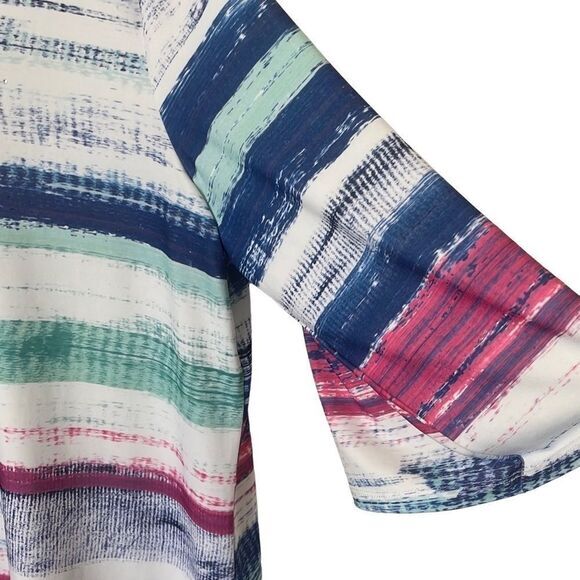 CJ Banks Tunic 2X multi color keyhole back V-neck pleat sleeve inserts bling - Picture 5 of 8